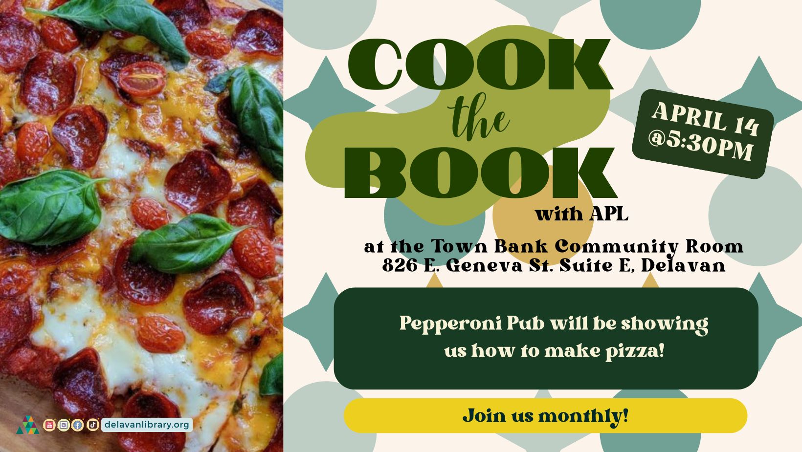 Cook the Book with DPL on April 14th @5:30; join Pepperoni Pub making pizza.