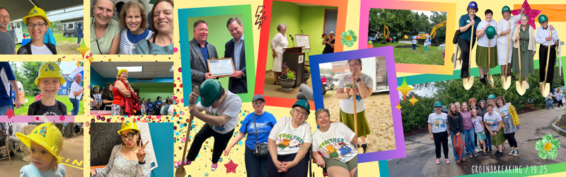 Collage of Groundbreaking event featuring community members and staff.