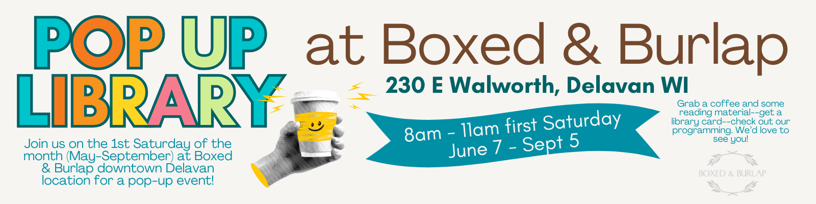Visit our Pop up Library at Boxed & Burlap.