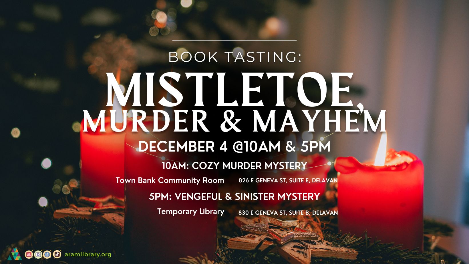 Book Tasting: Mistletoe, Murder & Mayhem on December 10 at 10AM and/or 5PM.