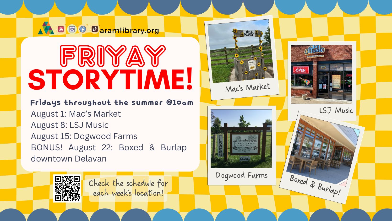 Friyay storytimes pictured Mac's Market, LSJ Music, Dogwood Darms, and Boxed & Burlap. 