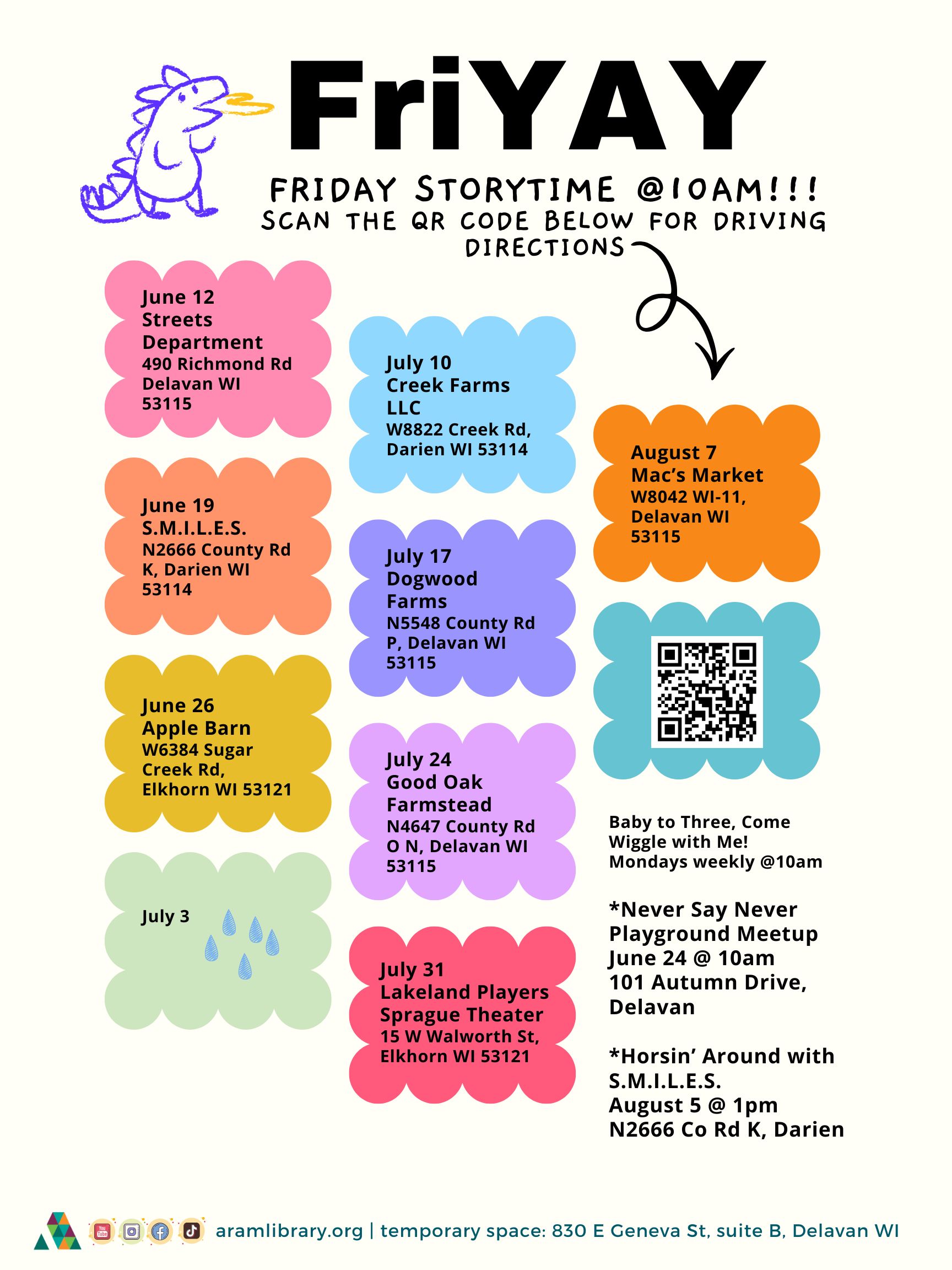 FriYAY Traveling Story Time locations for summer 2026!