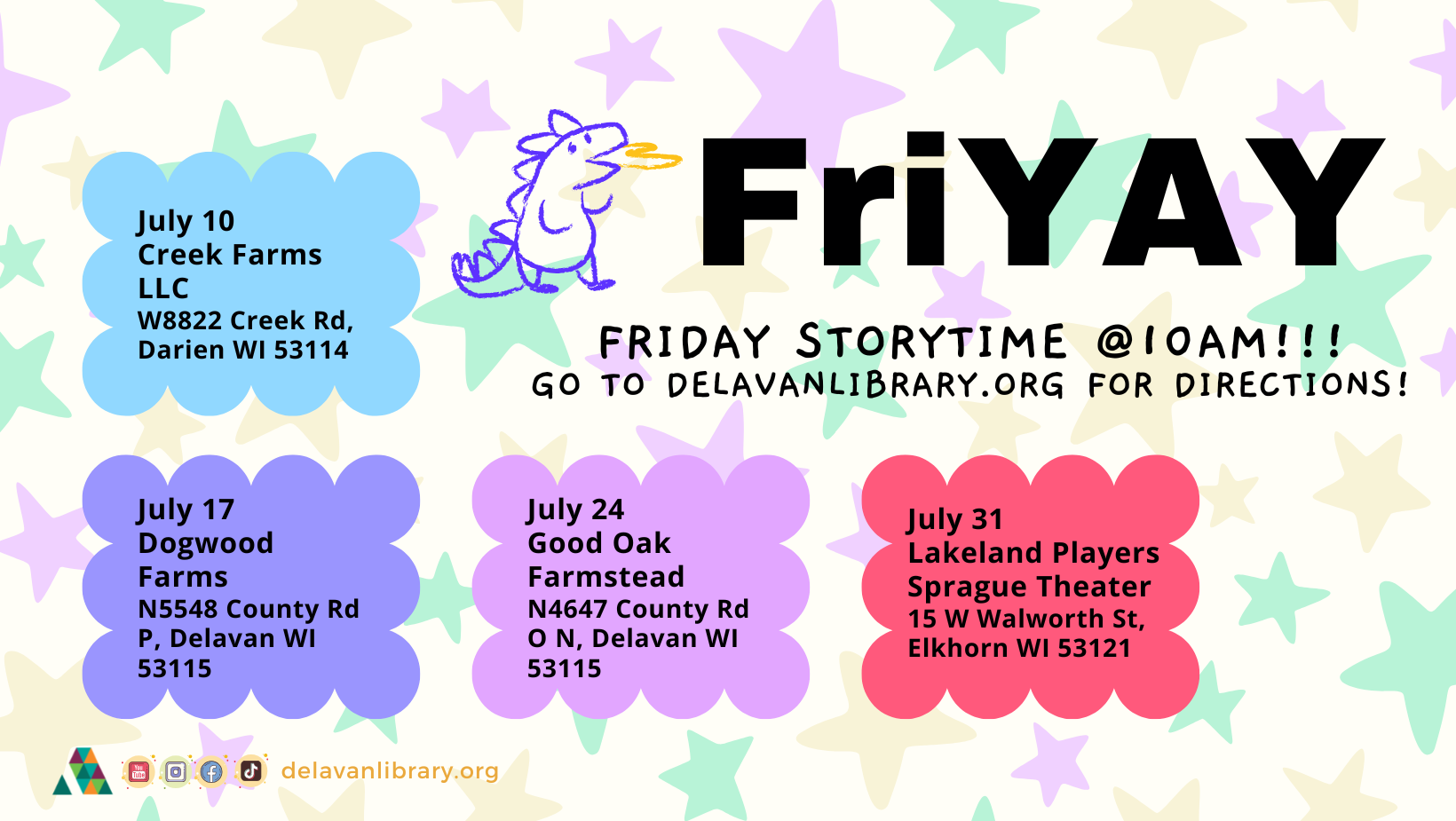FriYay storyimes with Delavan Public Library. 