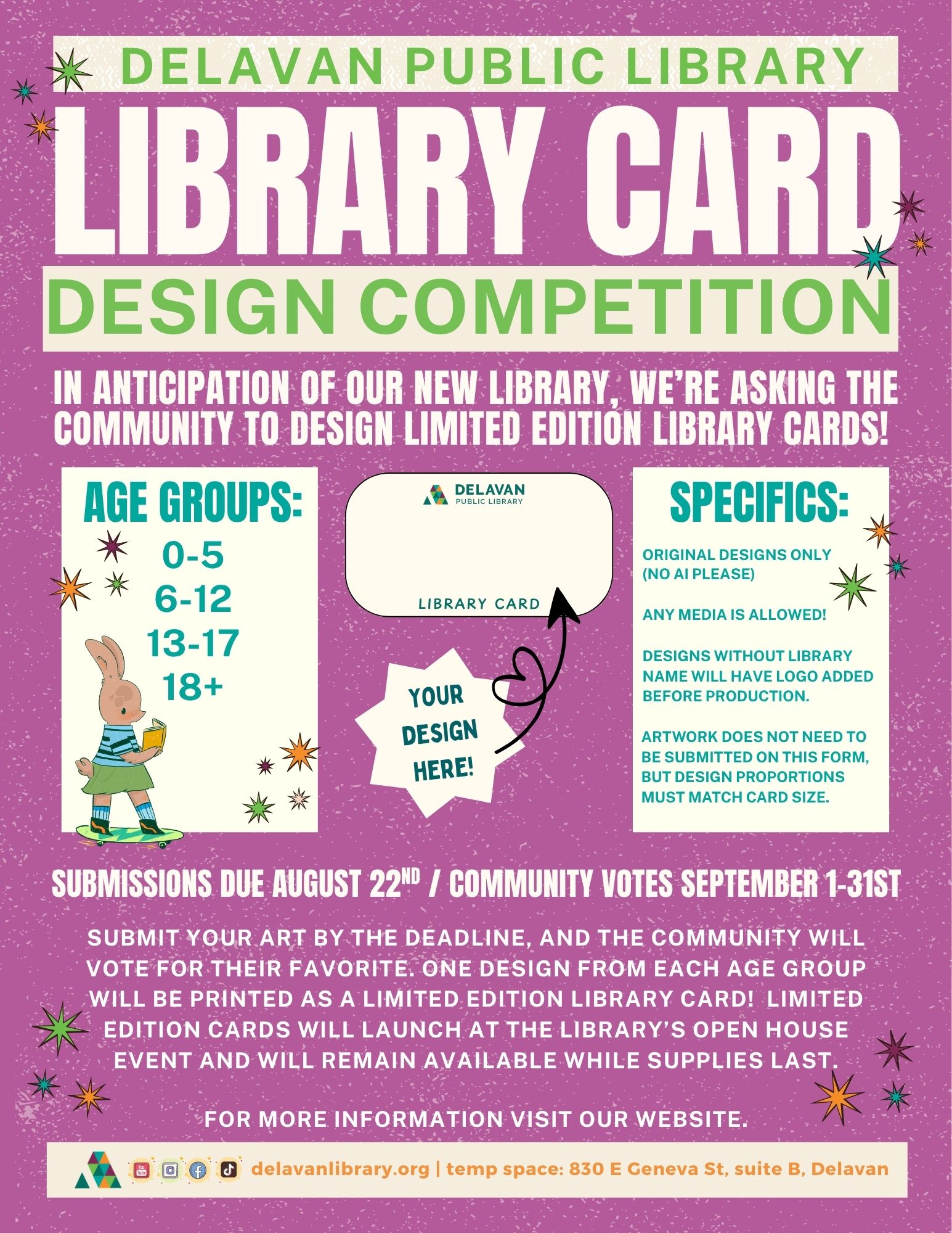 Delavan Public Library event: Library Card Design Competition.