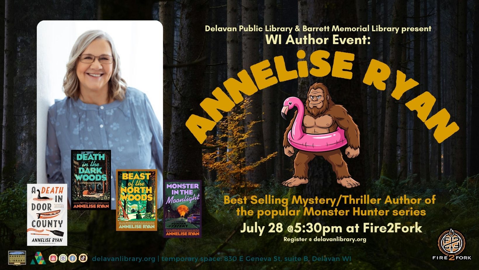 Annelise Ryan, best selling mystery writer, comes to Delavan. 