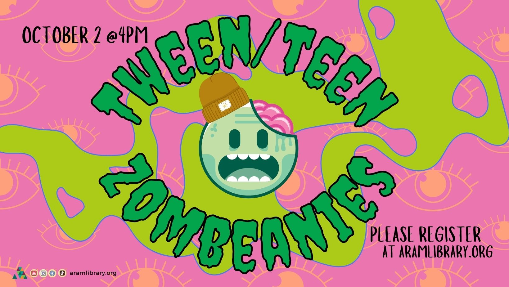 Teen/Tween Zombeanies event at Aram Public Library, design your own Beanie, please register. 