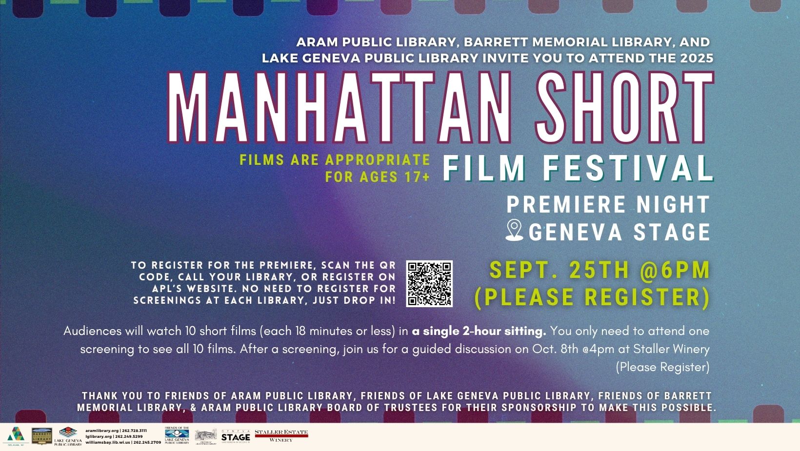 Attend the Manhattan Short Film Festival Premiere Night. Register through the Lake Geneva Library website.